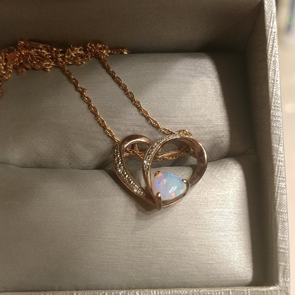 14k rose gold opal real diamond heart necklace